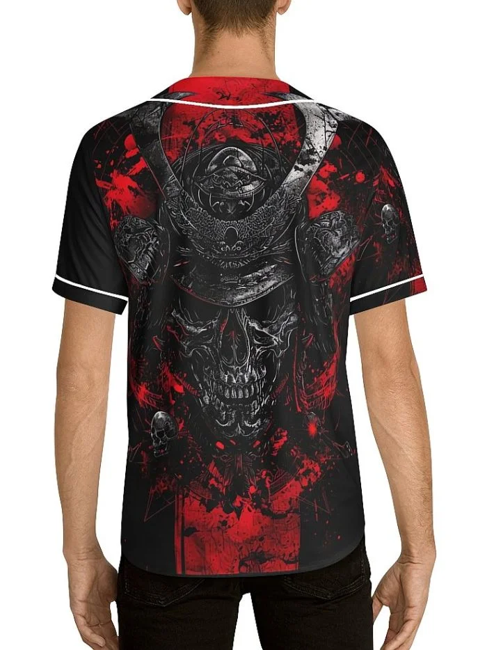 Polka Trash Samurai Skull Art Baseball Jersey Back on a Model