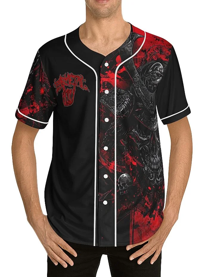 Polka Trash Samurai Skull Art Baseball Jersey Front on a Model