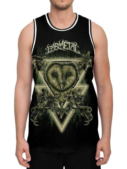 Geometric Neon Lights Owl Basketball Tank Front on a Model