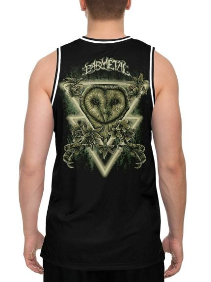 Geometric Neon Lights Owl Basketball Tank Back on a Model