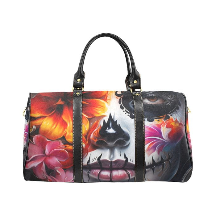 La Catrina Dia de los Muertos and Flower Tattoo Art Travel bag front