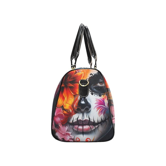 La Catrina Dia de los Muertos and Flower Tattoo Art Travel bag side