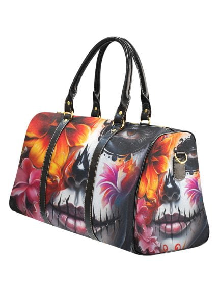 La Catrina Dia de los Muertos and Flower Tattoo Art Travel bag left