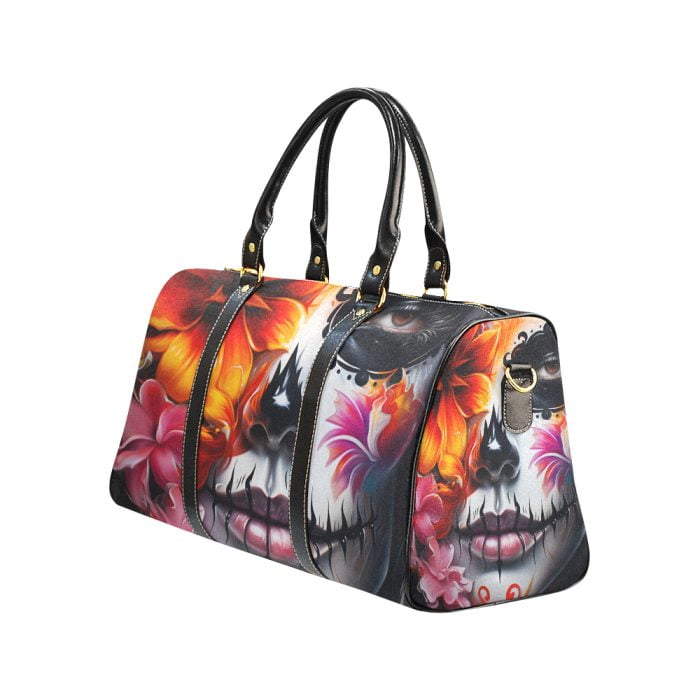 La Catrina Dia de los Muertos and Flower Tattoo Art Travel bag left